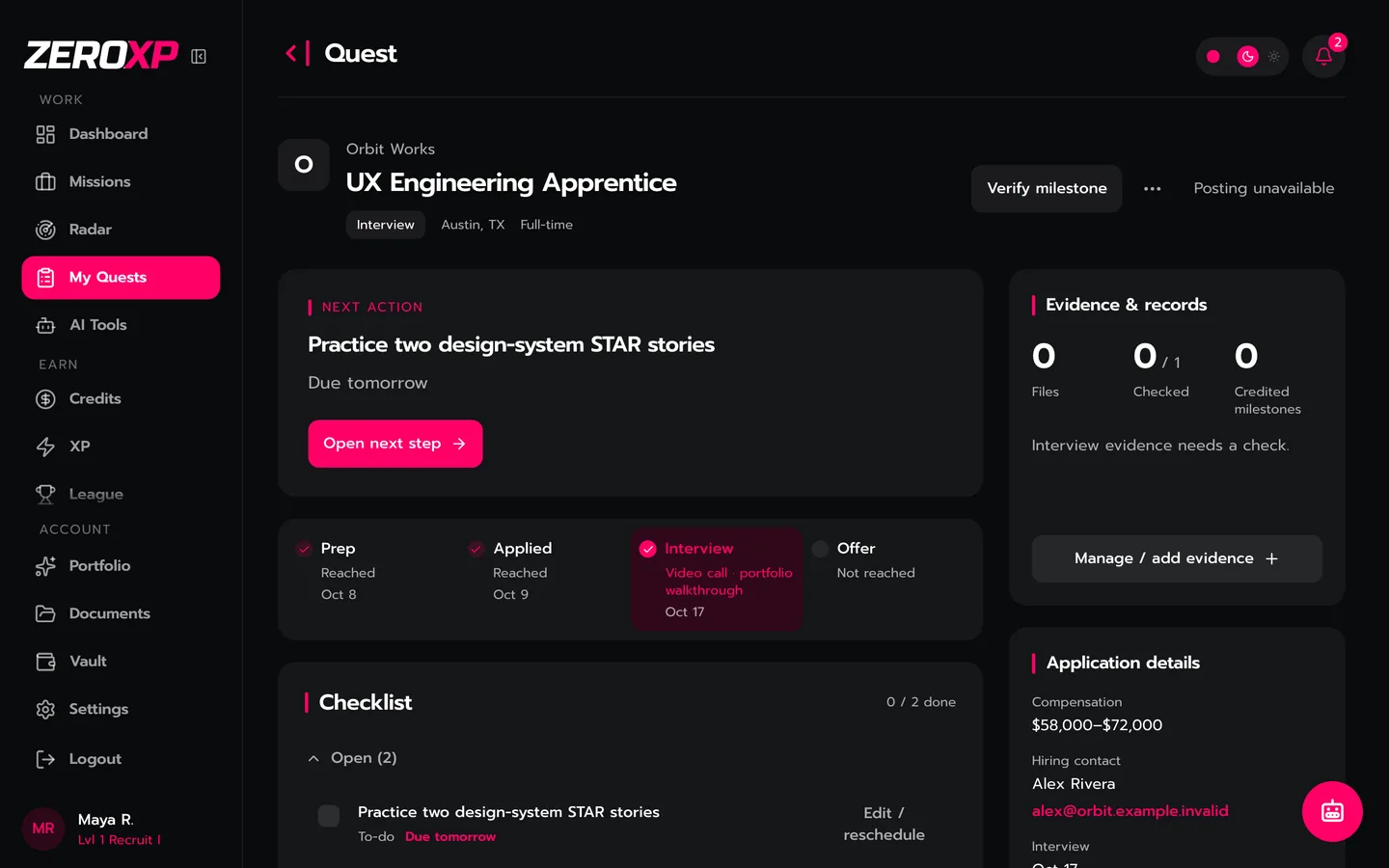 A Quest at the Interview stage: the next action, the Prep, Applied, Interview and Offer tracker, and the checklist.