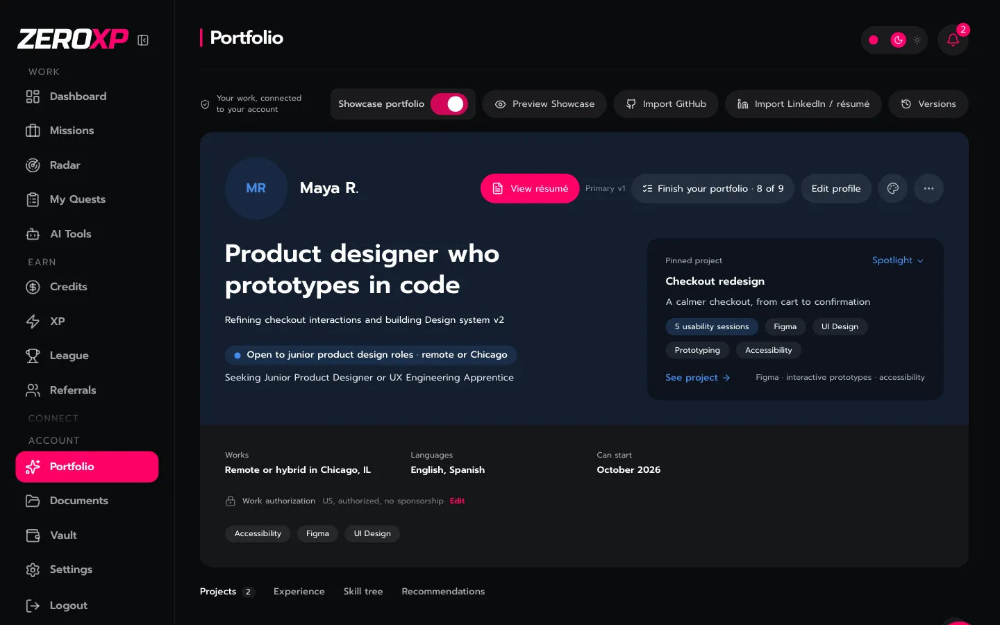 A portfolio with Showcase turned on: the name, the headline, the roles they’re open to and a pinned project.